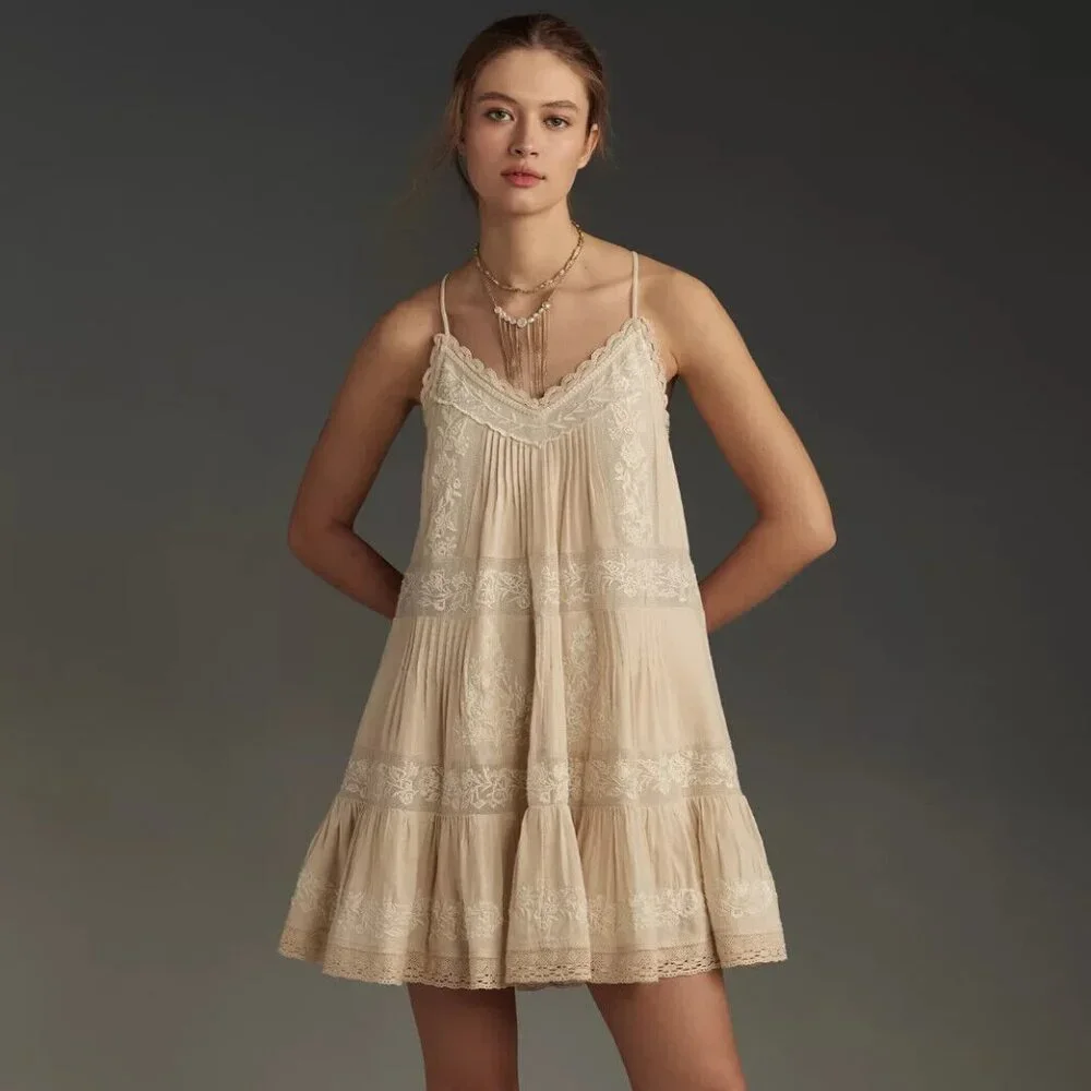 By Anthropologie Embroidered Pintuck Mini Dress ivory size M new with tag